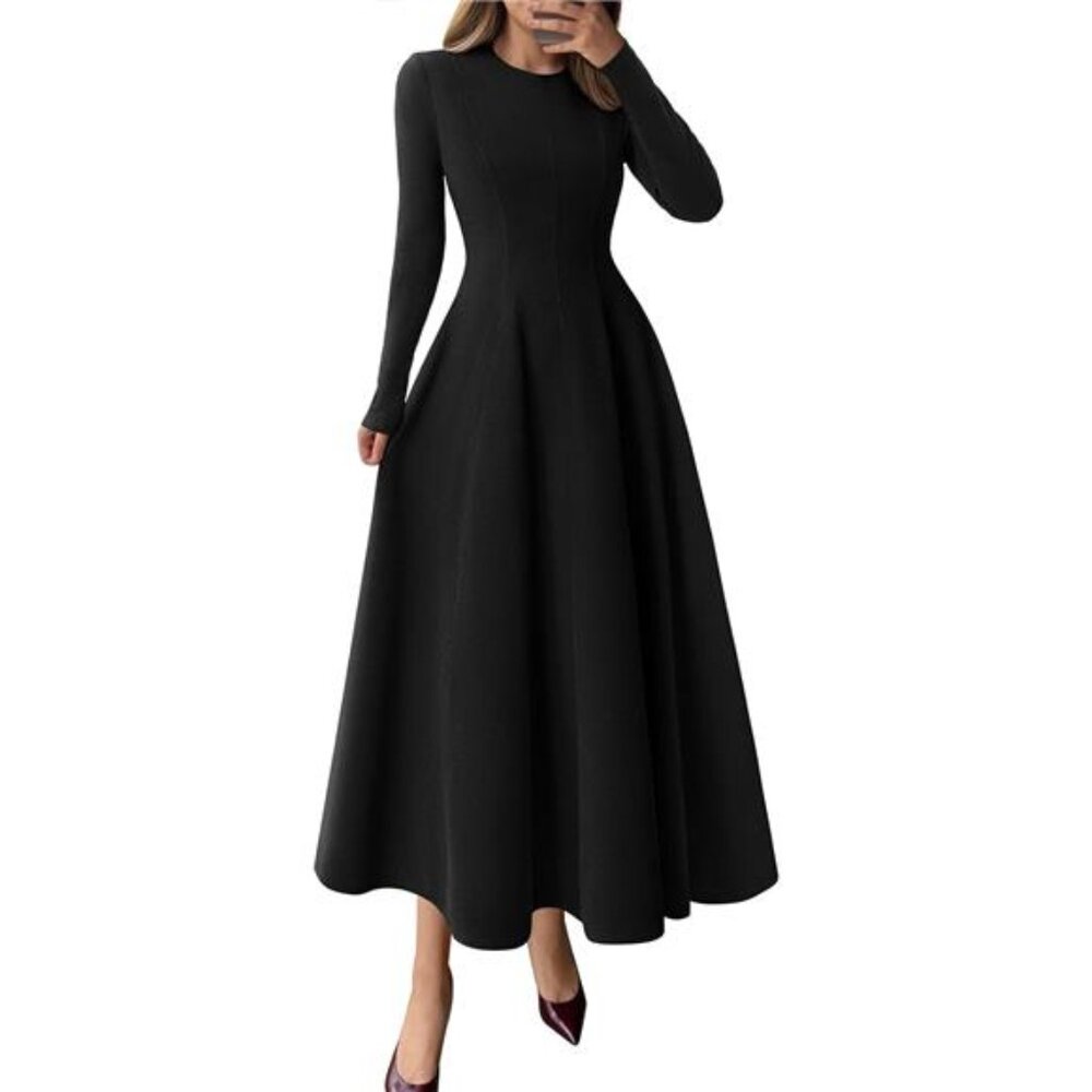 Women's Elegant Classy Fall Long Sleeve Midi A Line Flowy Modest Winter Dress